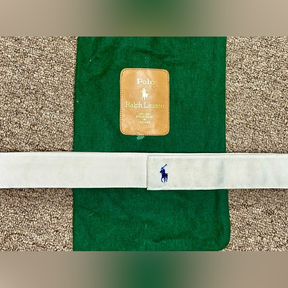 Ralph Lauren White Vintage Ribbon Belt with navy blue Polo Horse Logo